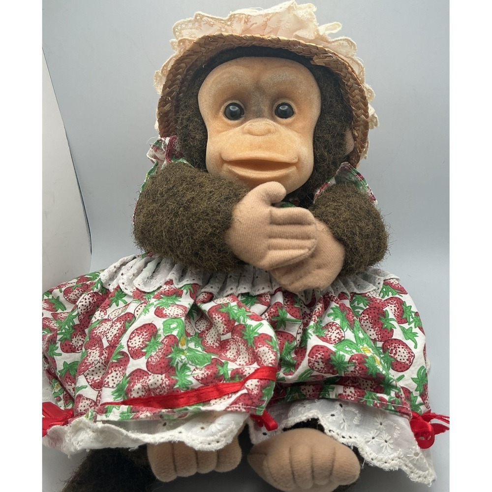 Vintage 1994 Hosung Monkey Hand Puppet‎ Plush, Strawberry Print Dress, Bonnet